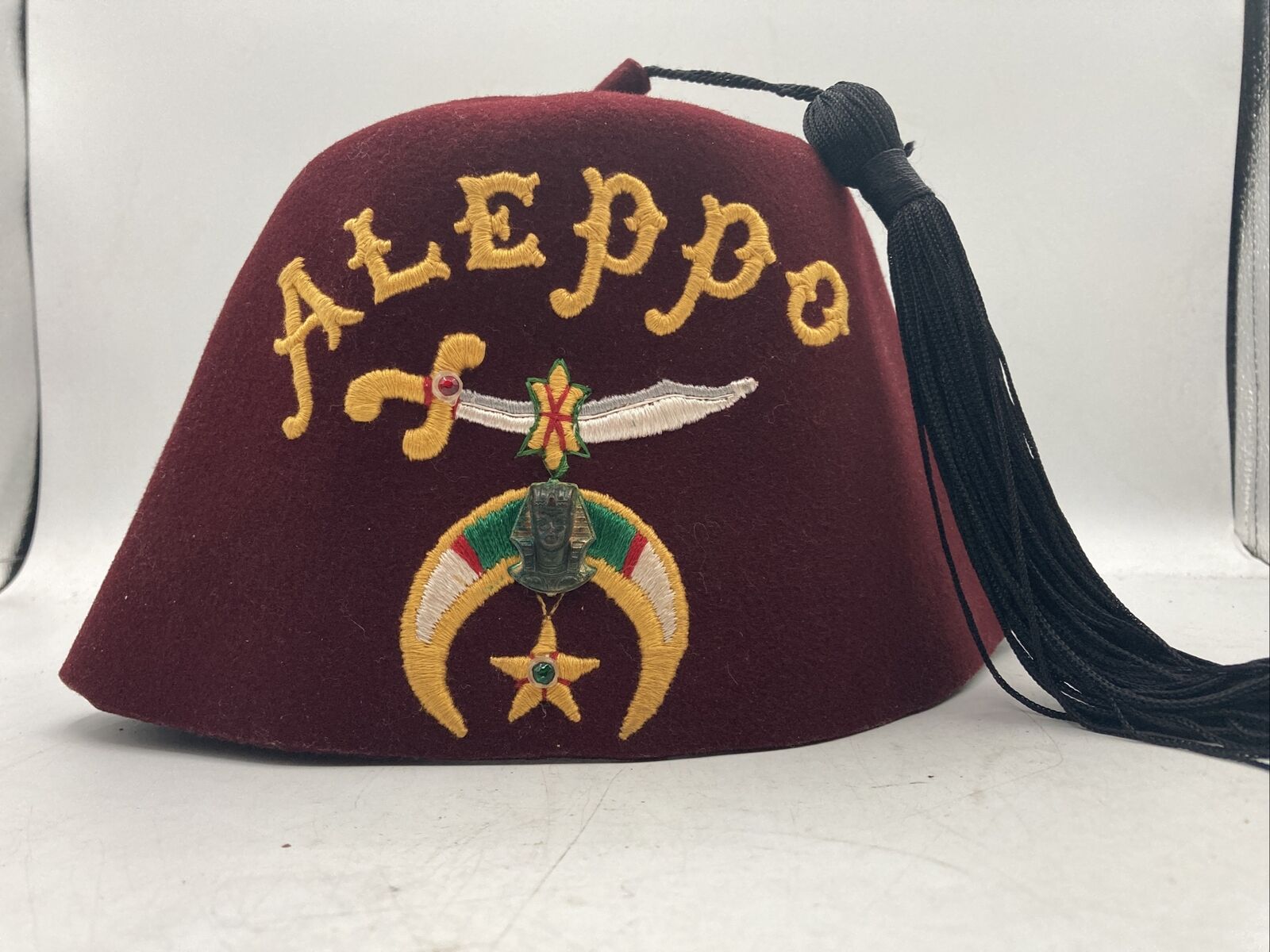 Shriners Aleppo Fez Hat Vintage Tassel Jeweled Pin Mason Masonic Maroon Gold