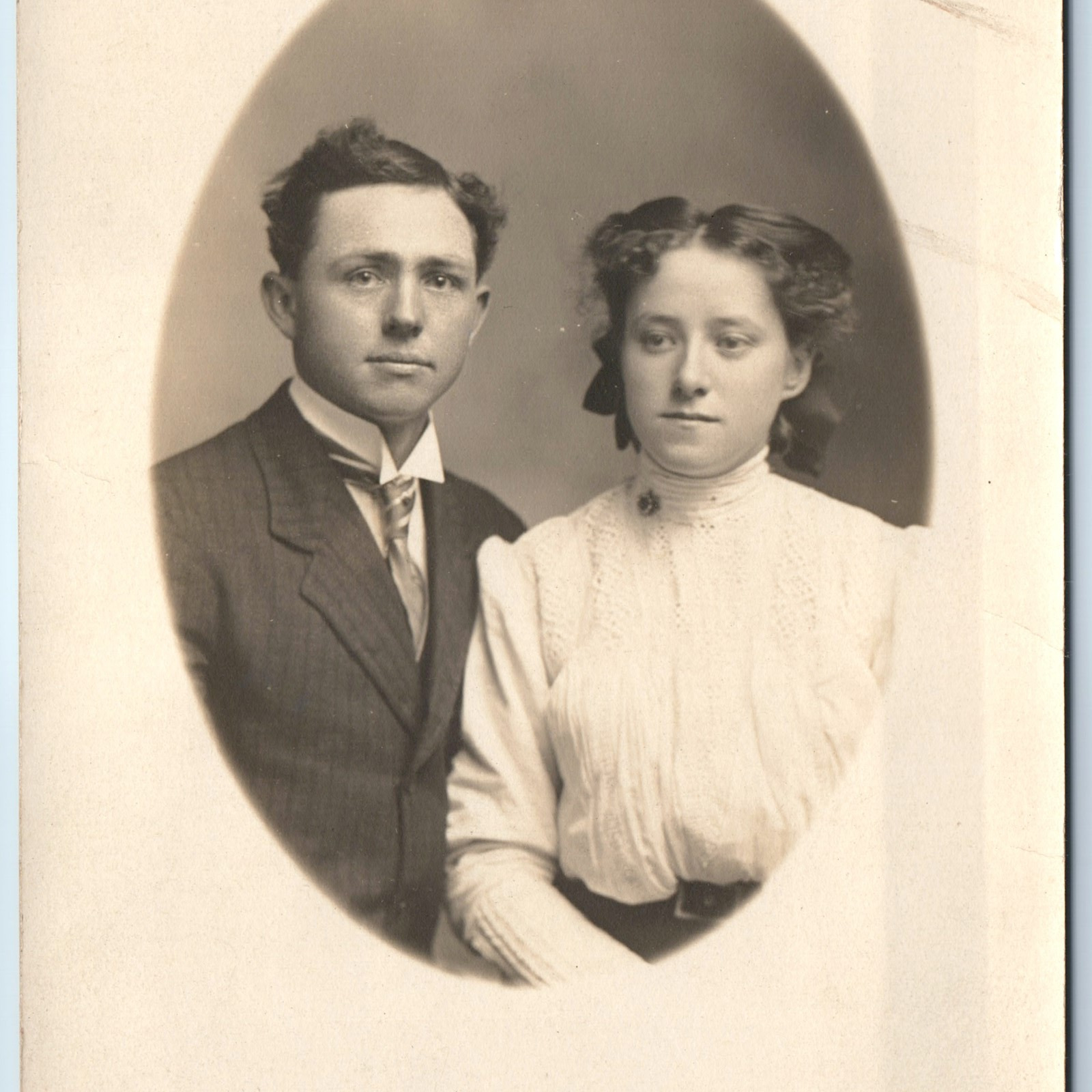 c1910s Lovely Couple Portrait RPPC Man Woman Gentleman Lady Girl Gaze PC A251