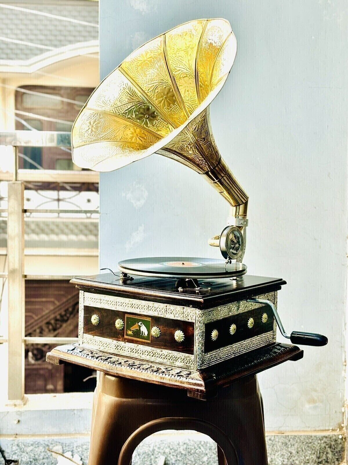 HMV Working Gramophone Player Brass Phonograph Vintage Look Vinyl Record Replica