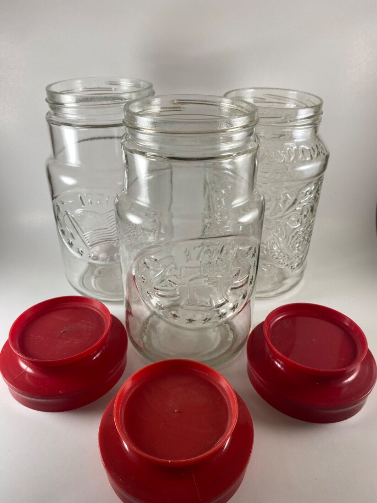 Three vintage Maxwell House Coffee Glass Jar Anchor Hocking Canister Red Lid