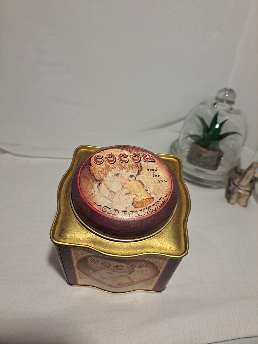 Old Fashioned Cocoa Tin with Vintage Art Originally held candle  4.5\