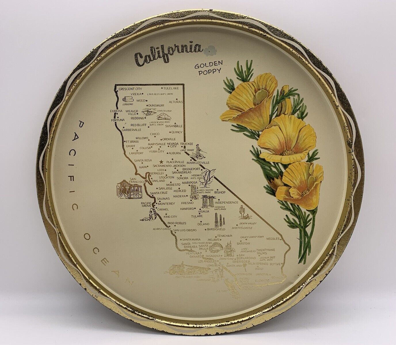 Vintage California Metal Tin Souvenir Tray Golden Poppy State Flower