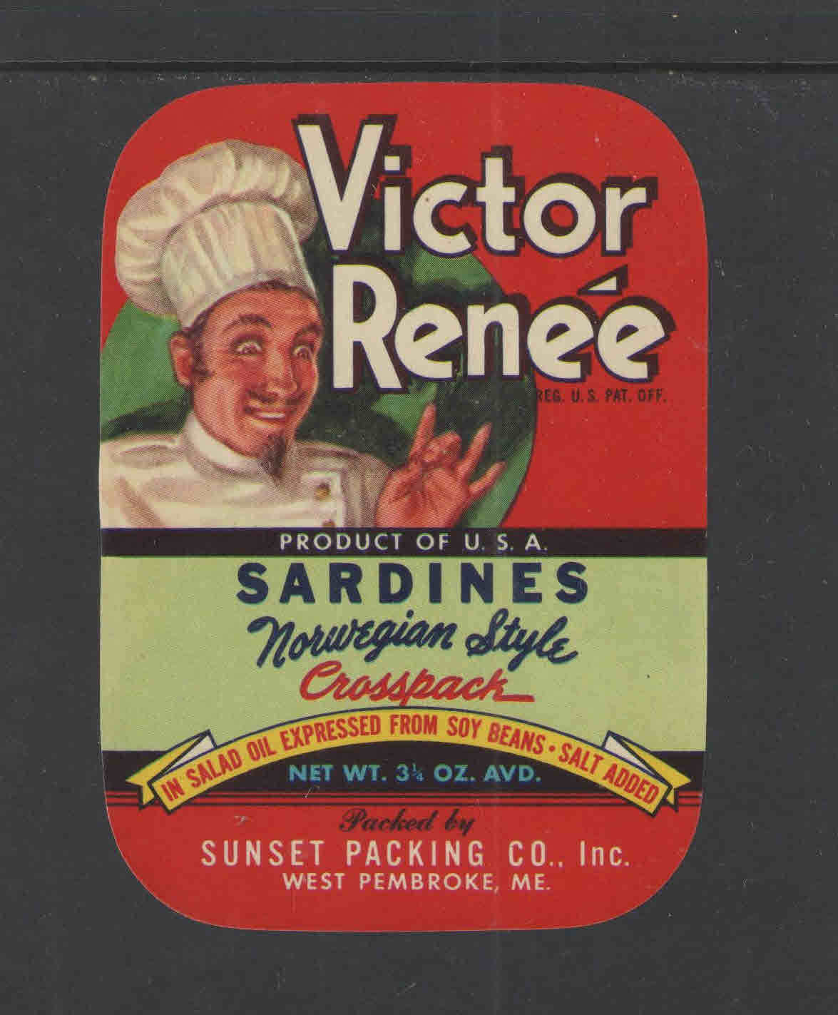 1940s VICTOR RENEE SARDINES WEST PEMBROKE ME Unused CAN LABEL  2 3/4\