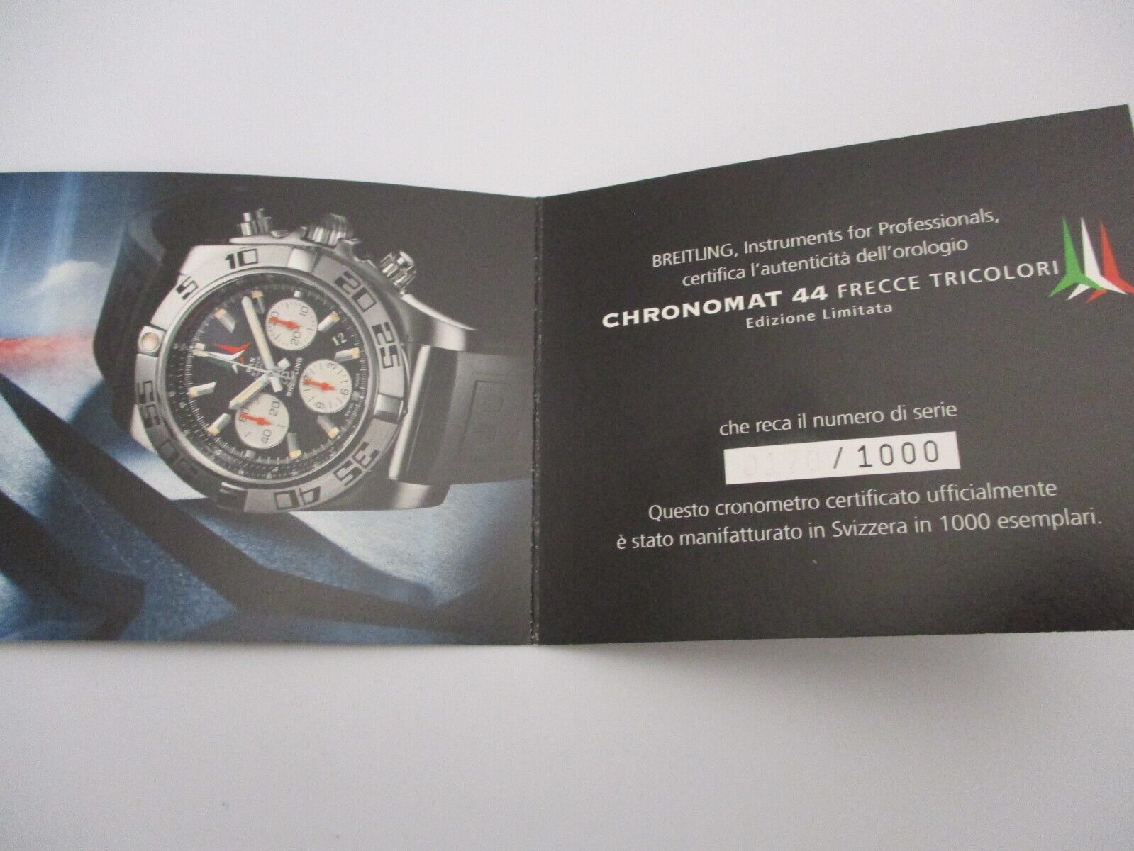BREITLING CHRONOMAT 44 Frecce Tricolori Ltd Ed Watch Certificate of Authenticity