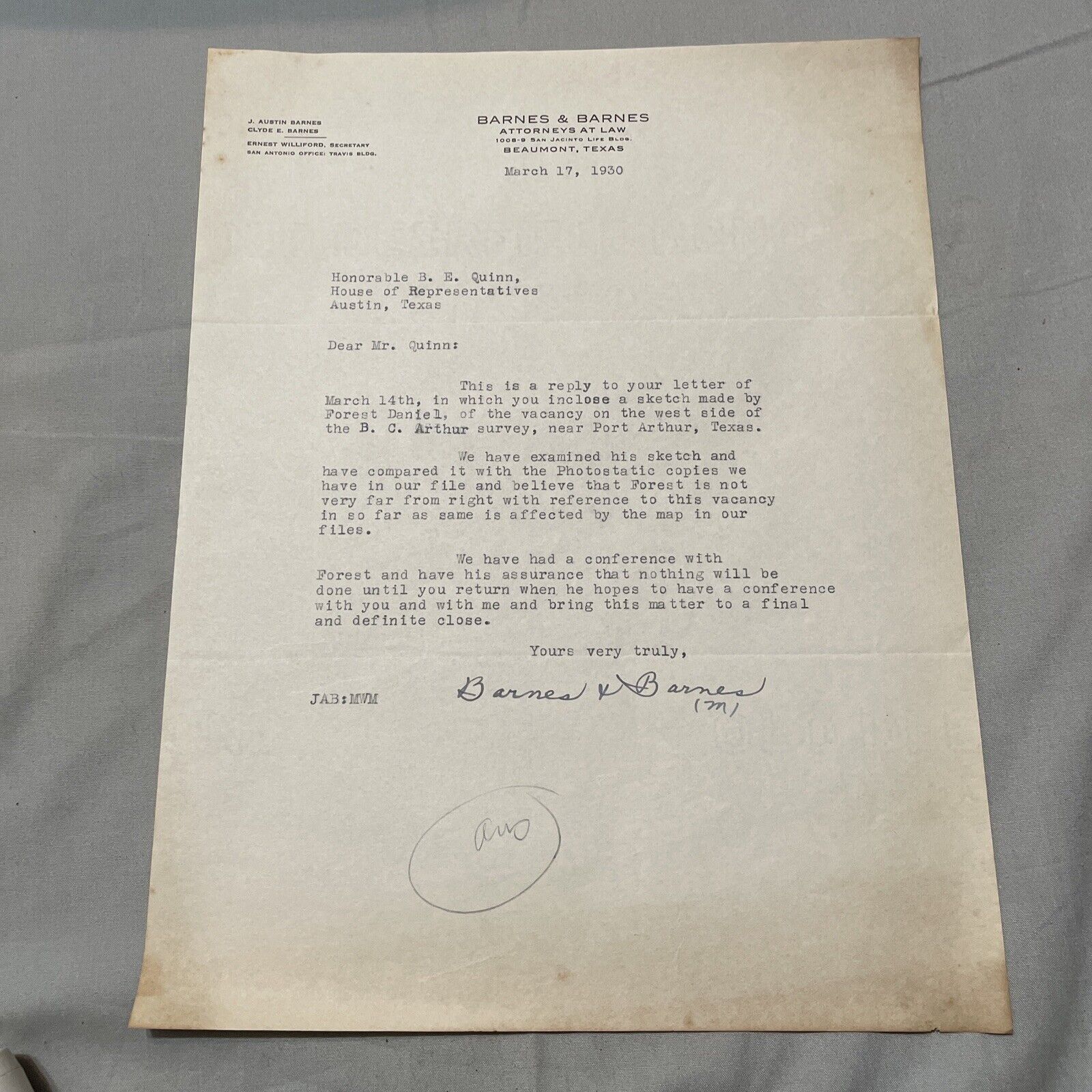 Barnes & Barnes Attorney Letter Beaumont Texas 1930 