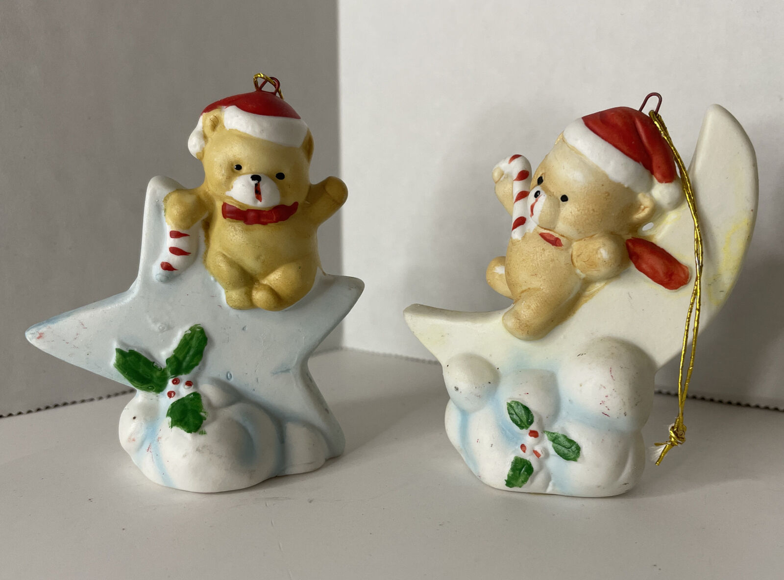1986 Lot Of 2 Christmas Porcelain Bisque Heavenly Bear Ornaments Vintage Taiwan
