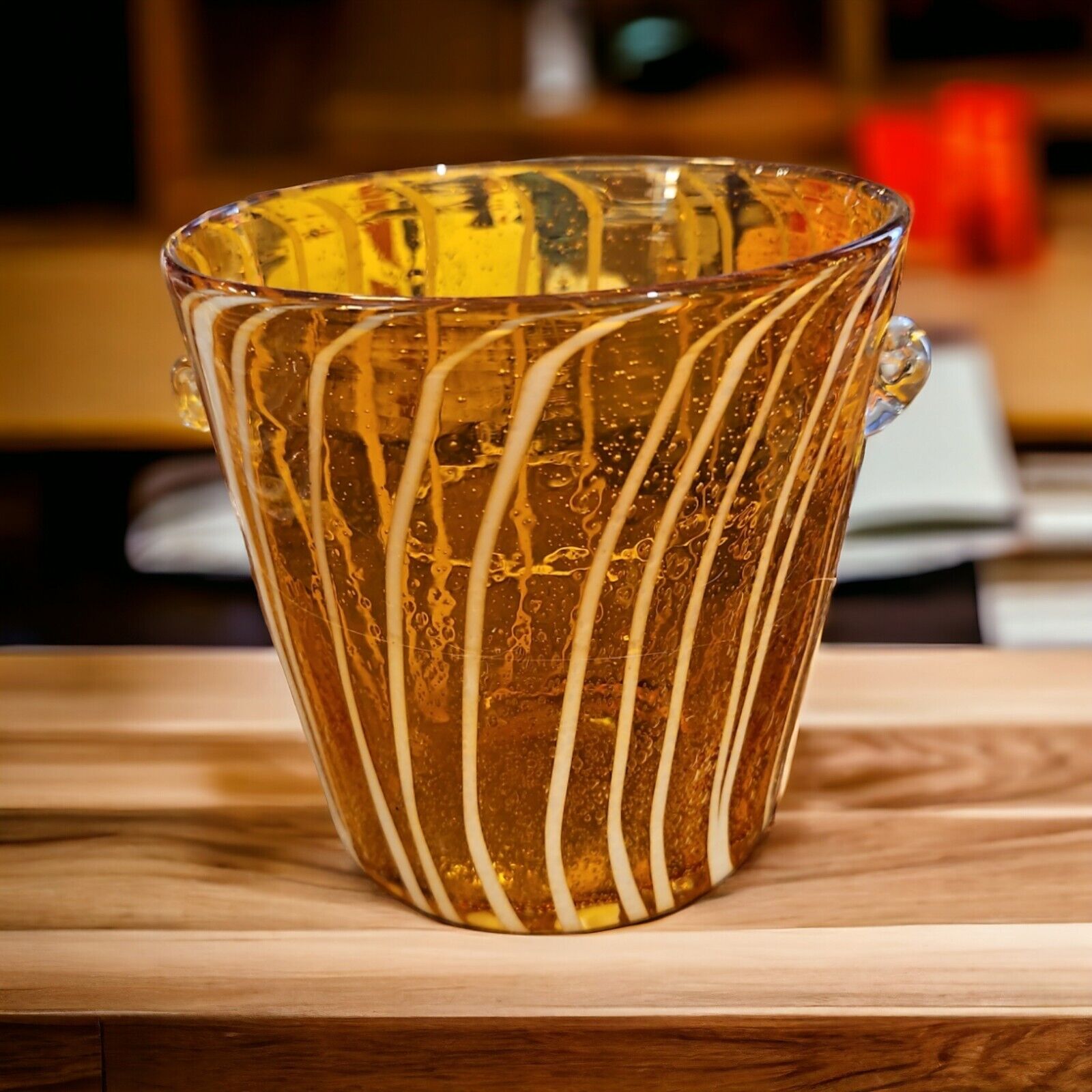 Vintage Venini Disaronno Murano Hand Blown Amber Glass Striped Ice Bucket