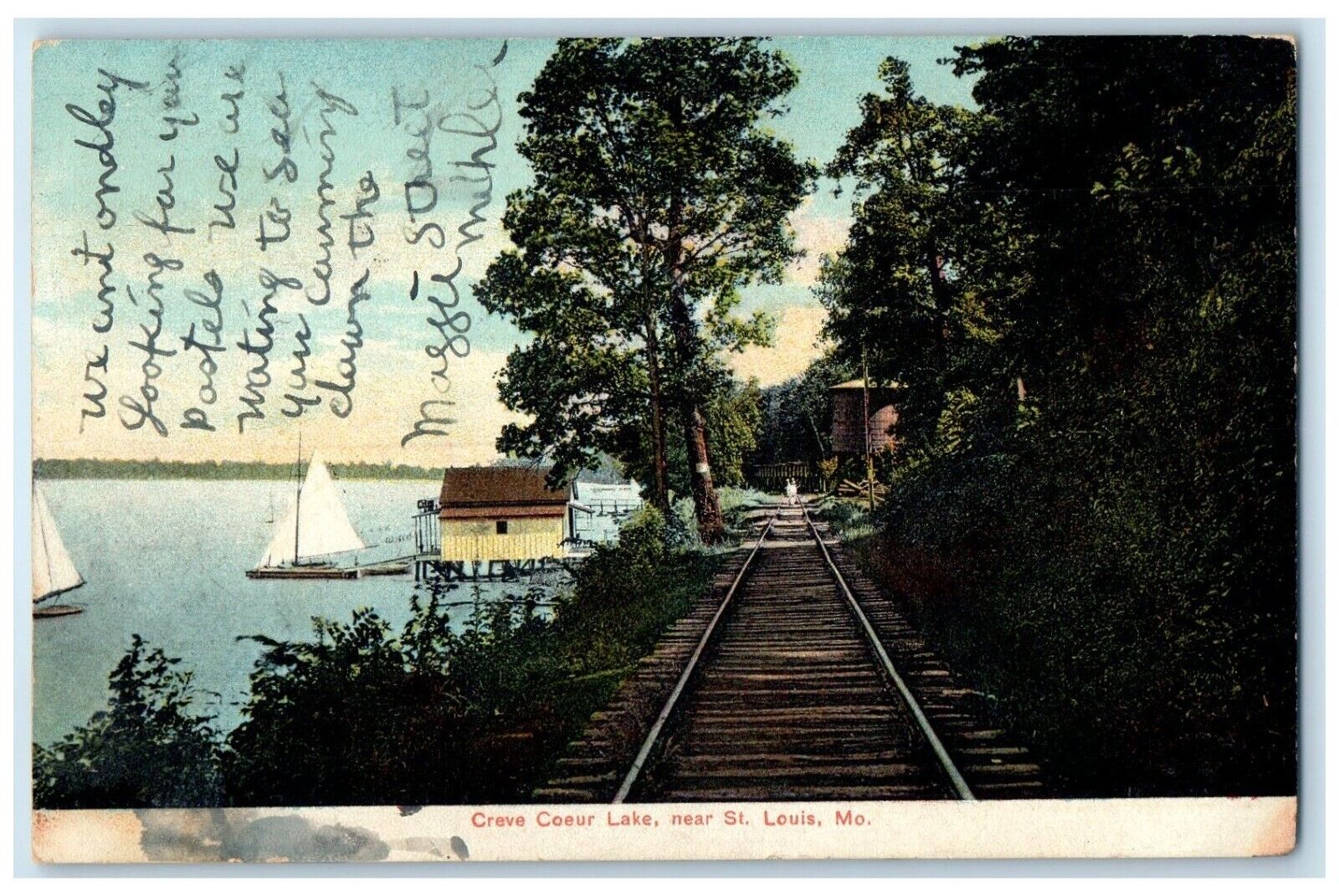 1908 Creve Coeur Lake Railroad Sailboat Exterior St. Louis Missouri MO Postcard