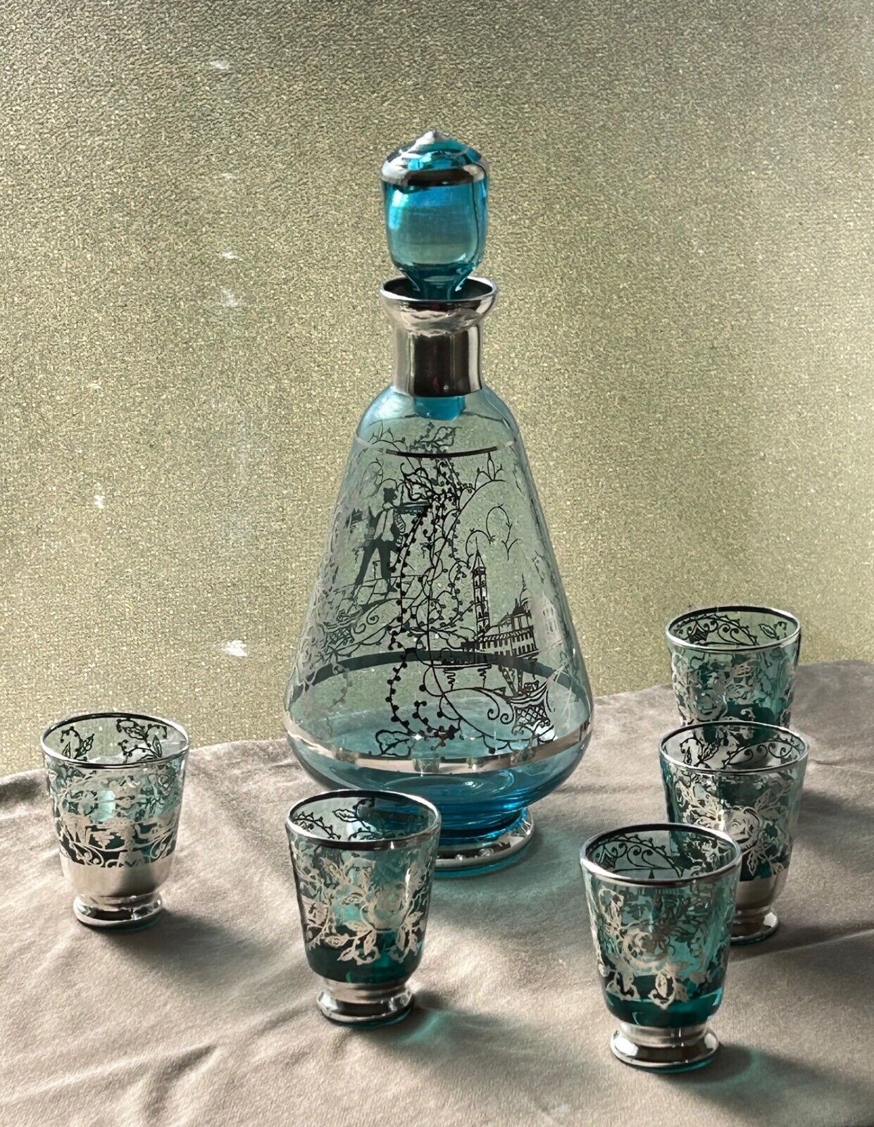 Antique VENETIAN GLASS DECANTER & FIVE GLASSES ~ Silver Over-Lay ~ Aqua Blue