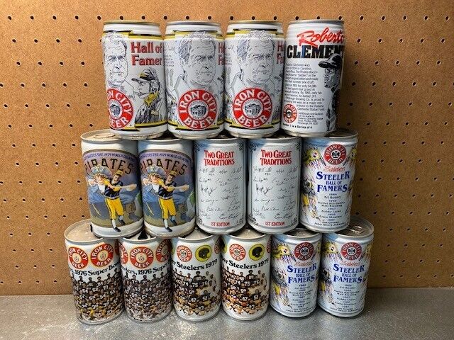 Set of 15 total, 7 different Iron City sports-themed steel empty beer cans