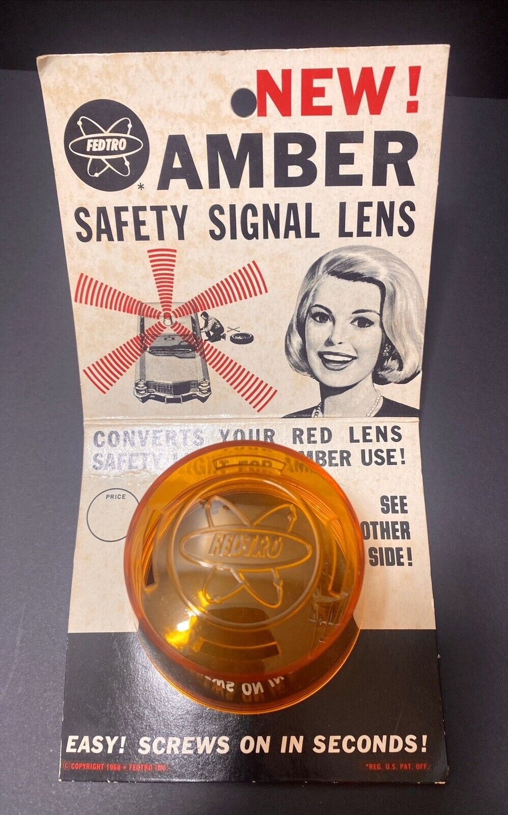 Fedtro Mickey Mantel 1968 Amber Safety Signal Lens Original Package Use W Turret
