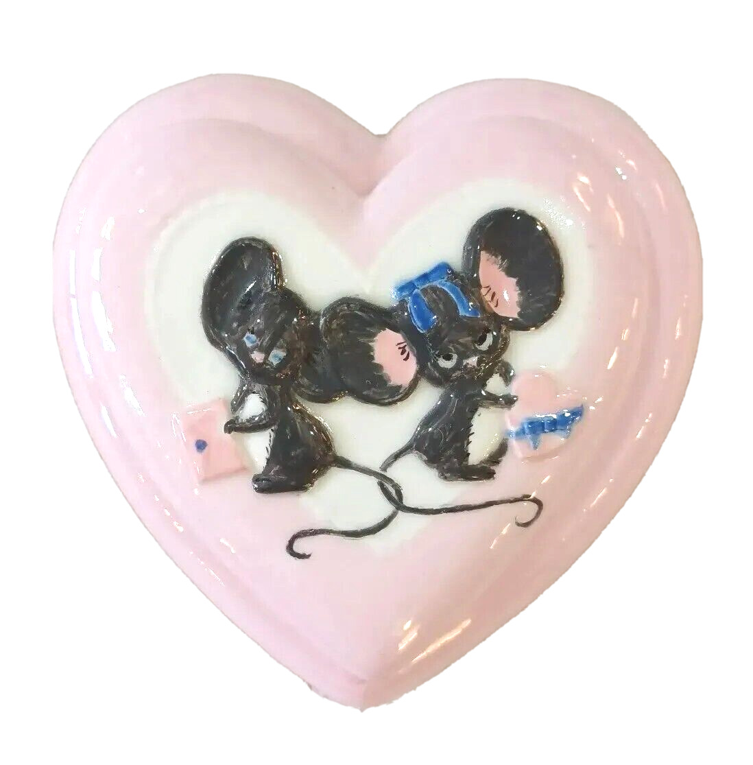 VINTAGE PINK MOUSE MICE HEART TRINKET LIDDED JEWELRY BOX DISH VALENTINE'S DAY