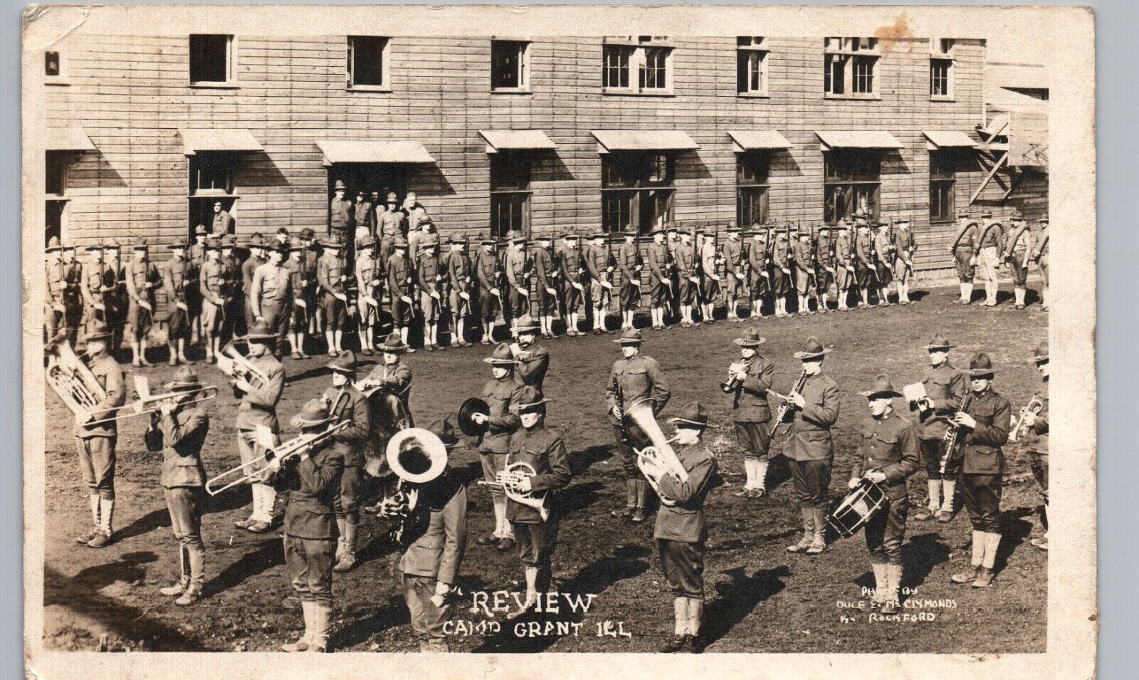 TROOP REVIEW camp grant il real photo postcard rppc soldiers marching band
