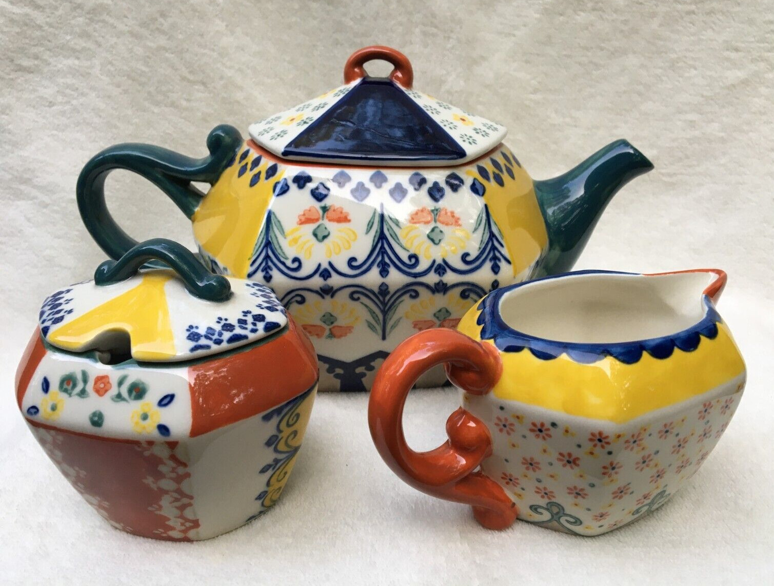 ANTHROPOLOGIE Set of 3: Tea Pot, Creamer & Sugar Pot Ceramic Floral Rare Find