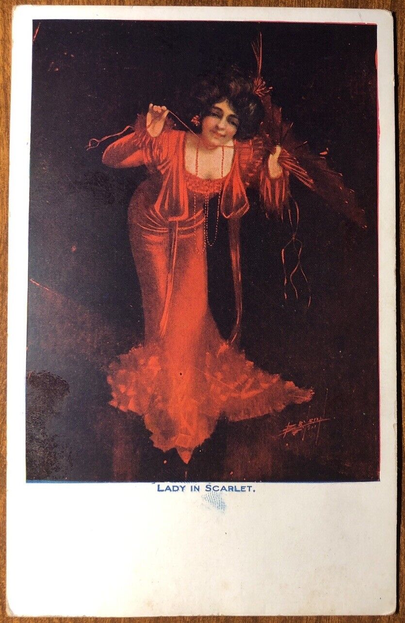 Lithograph Postcard, Artist Signed Bryson, Mademoiselle Vermilion, Lady in Red