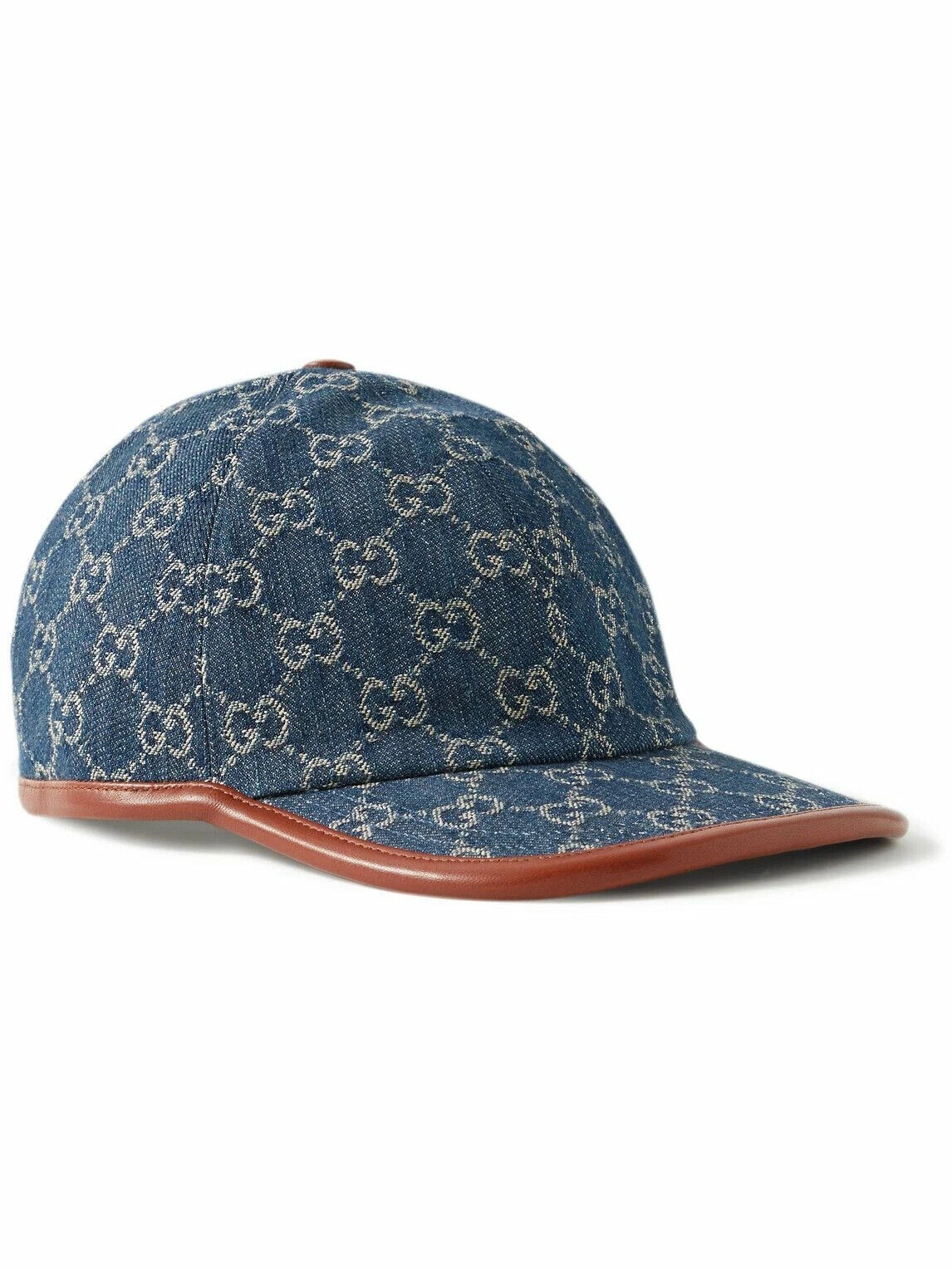 Gucci GG Supreme Monogram Denim Canvas Baseball Cap Bucket Hat Leather Brim.