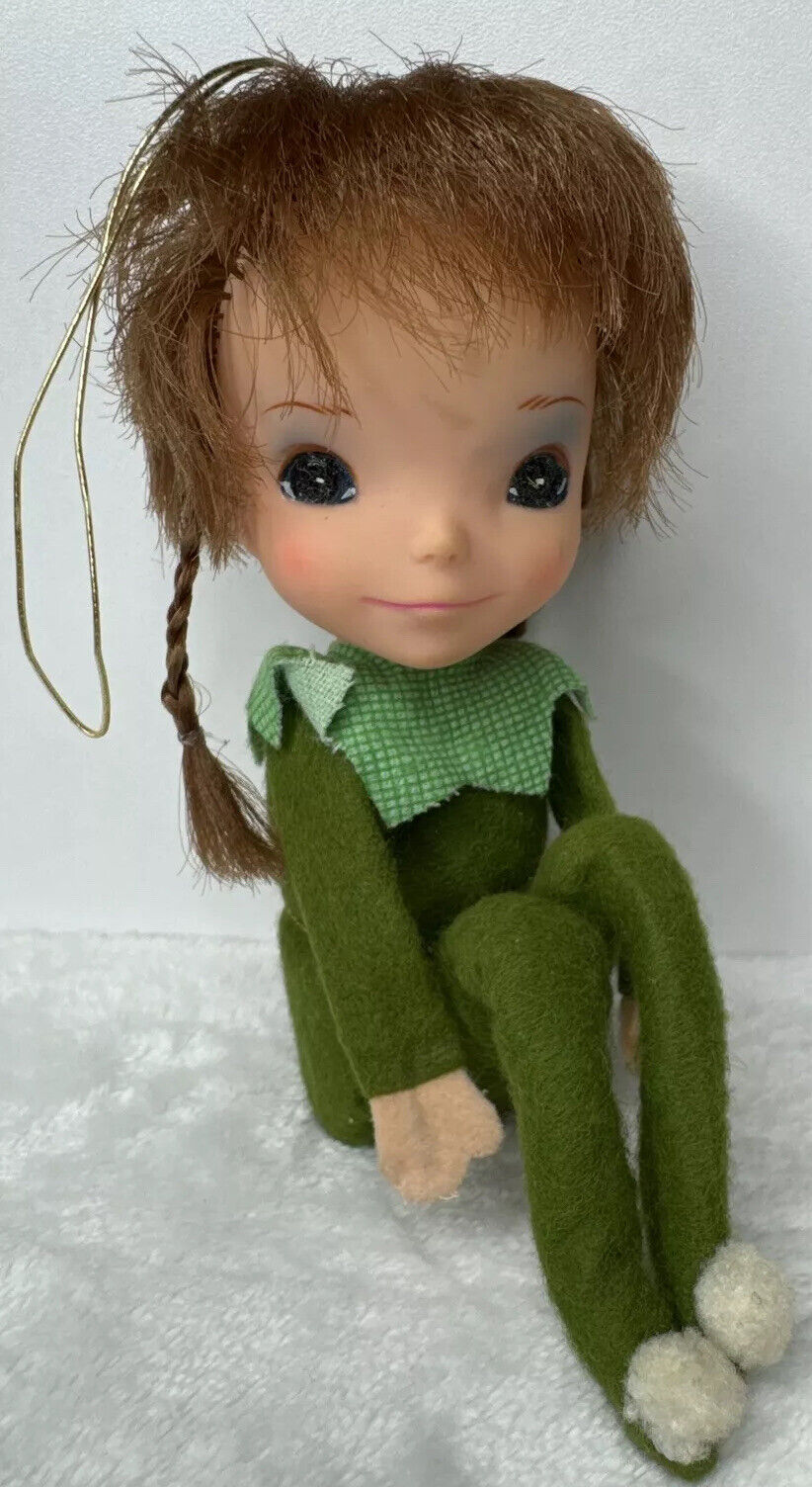 Vintage 1968 KAMAR JAPAN Knee Hugger Elf Ornament Girl Doll Braids Green Outfit