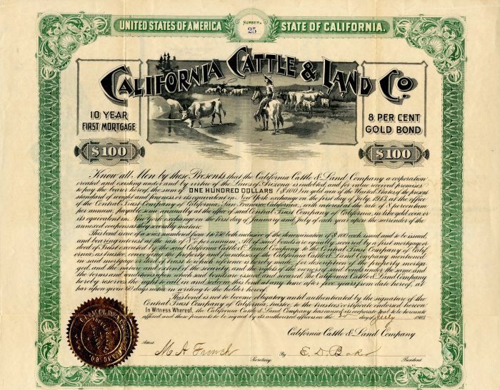 California Cattle and Land Co. - $100 - Cattle, Horses & Meat Packing