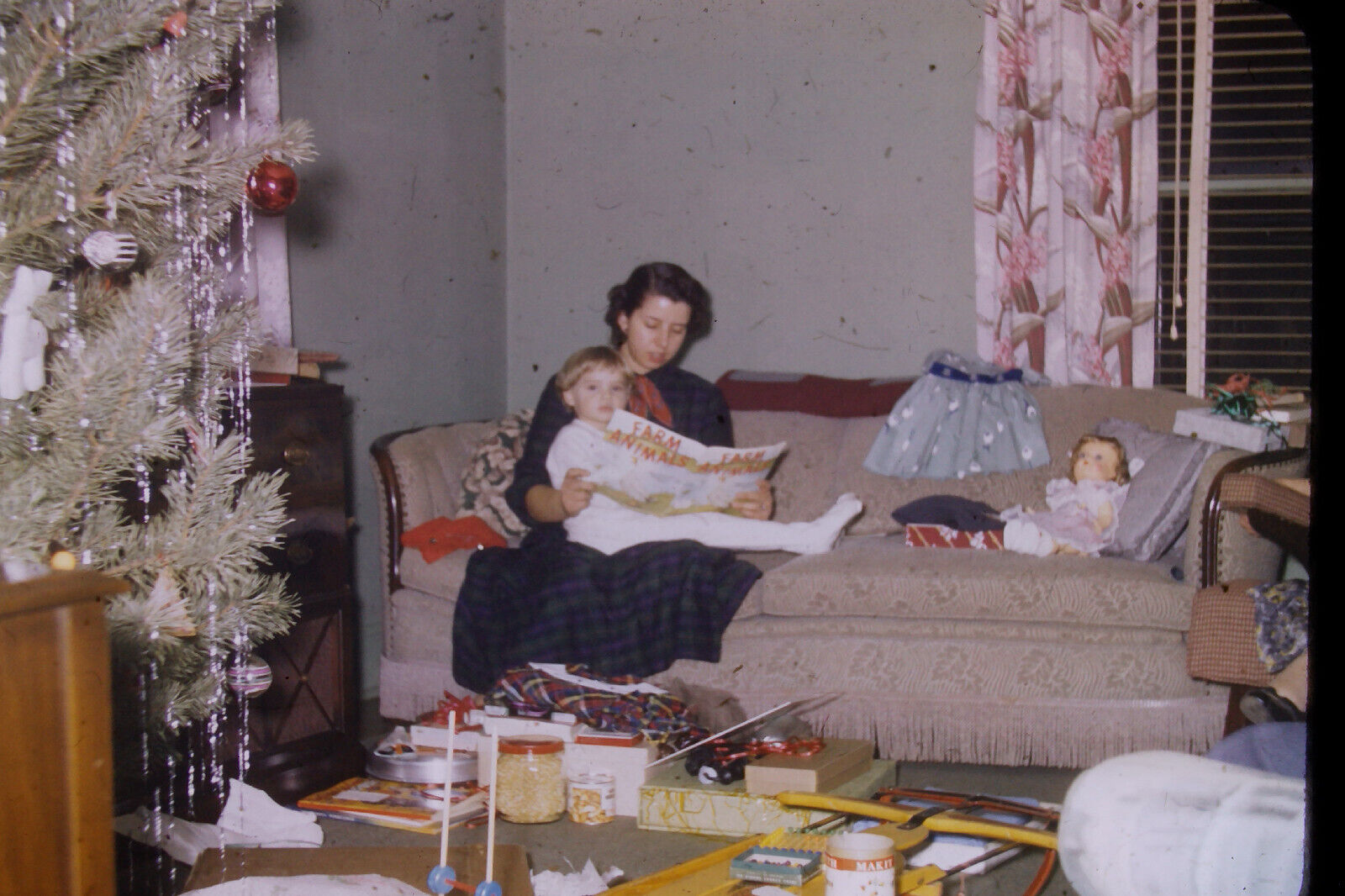 1954 35mm Slide Photo Mid Century MCM Christmas Tree Mom Child Book Presents
