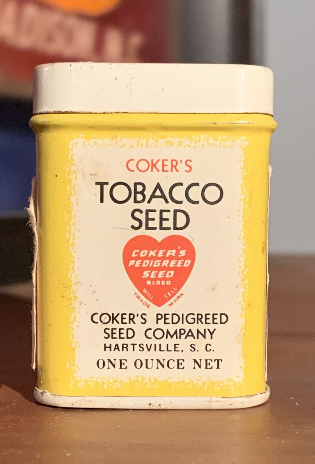 Coker’s Tobacco Seed One Once Tin Yellow Hartsville SC Coker Clemson Vintage