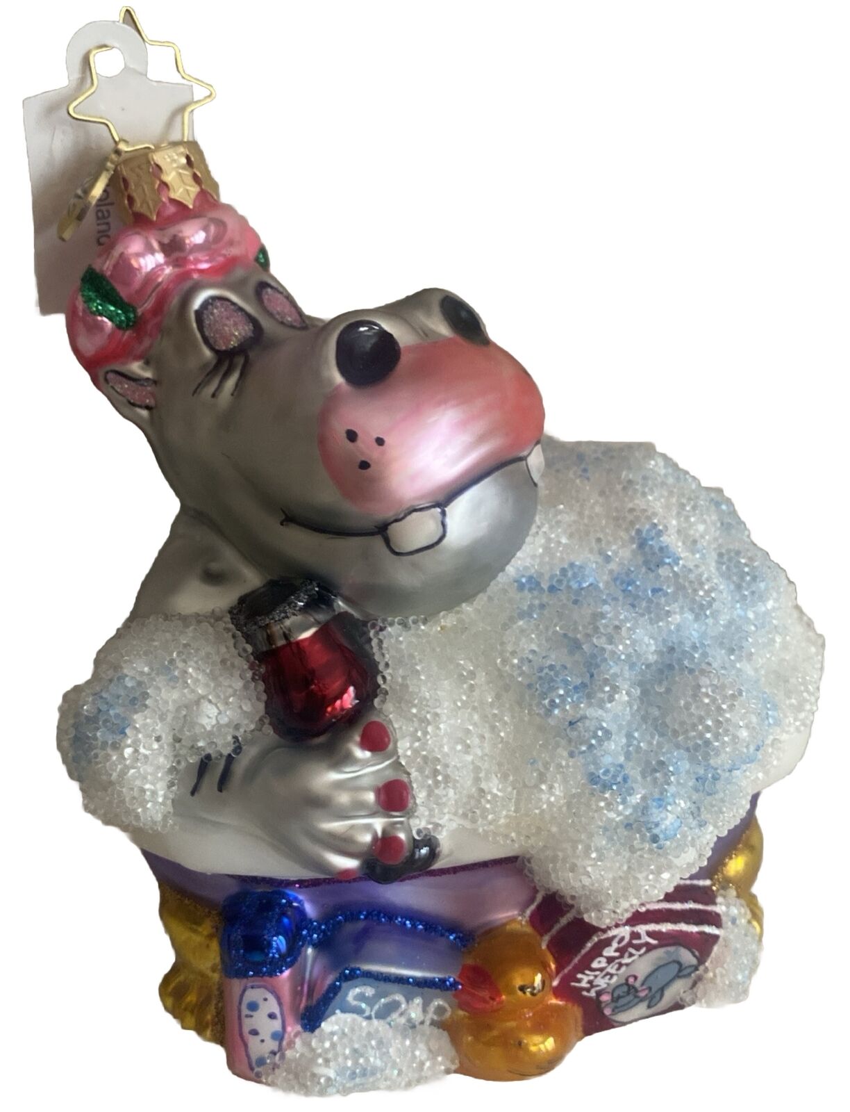 Christopher Radko Glass Ornament Bathtime Bubbles Hippo In bath NEW With Tags