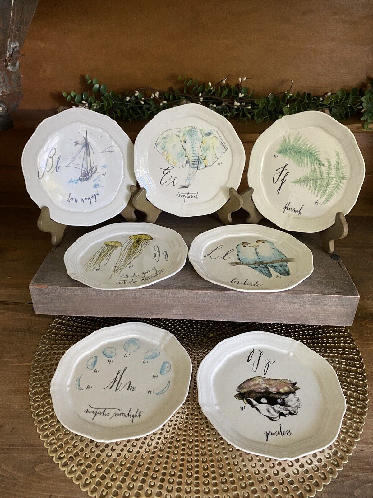 ANTHROPOLOGIE ~ Seven (7) Calligraphy Letter Canapé Plates by Linea Carta