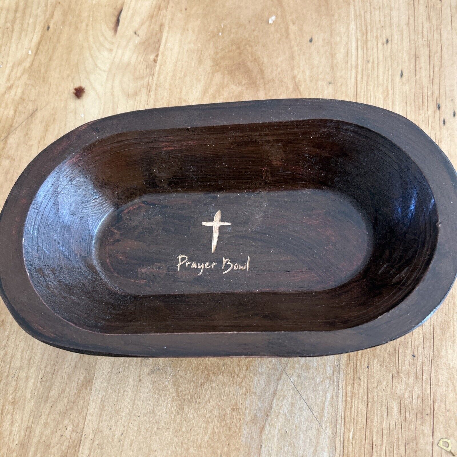 Wood, Stained Prayer Bowl with Cross