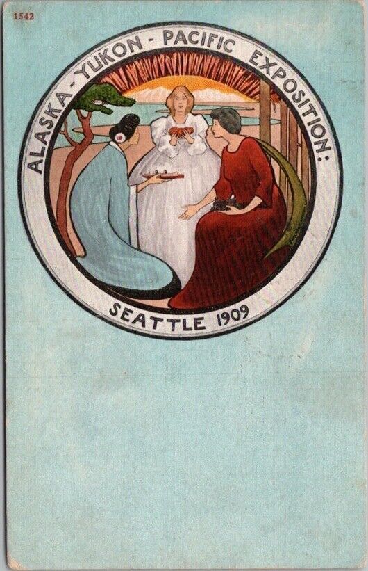 Vintage 1909 AYPE EXPO Seattle World\'s Fair Postcard Seal Logo 3 Graces Mitchell