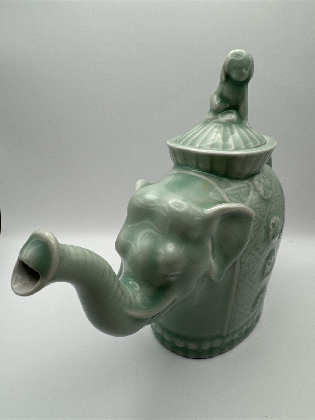 Teapot Green Elephant Rider Marked Bottom Chinese Porcelain Vintage 7.5” H 10”W