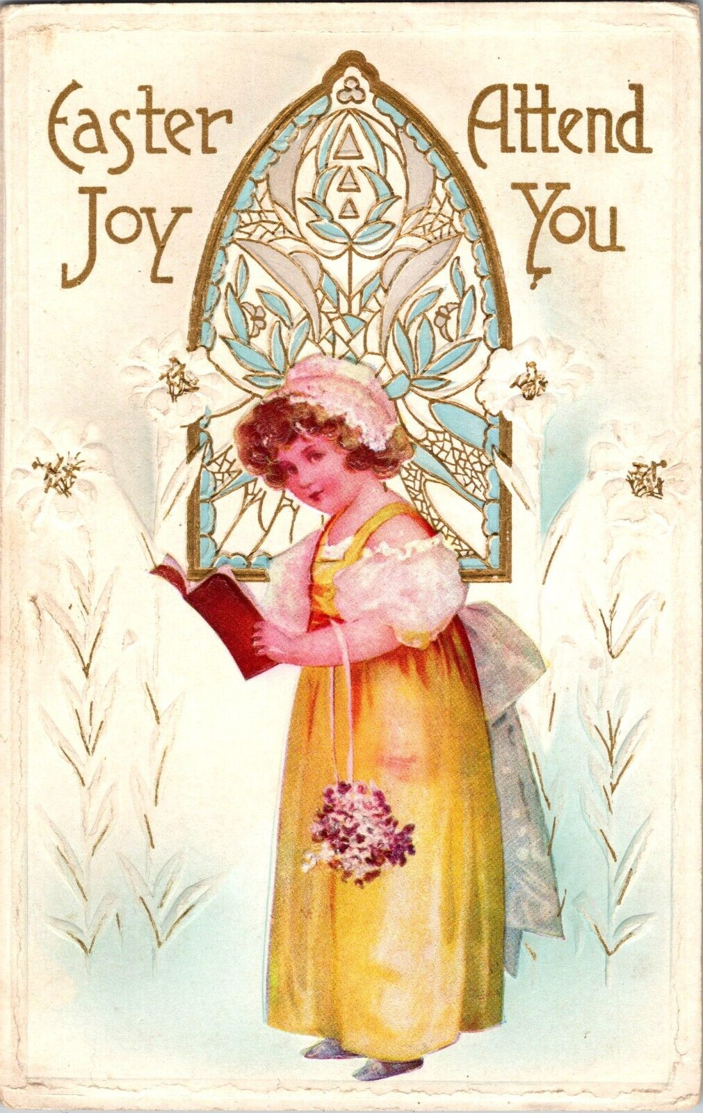 c1910 Antique embossed Postcard. Women Bonnet Flowers dress a1