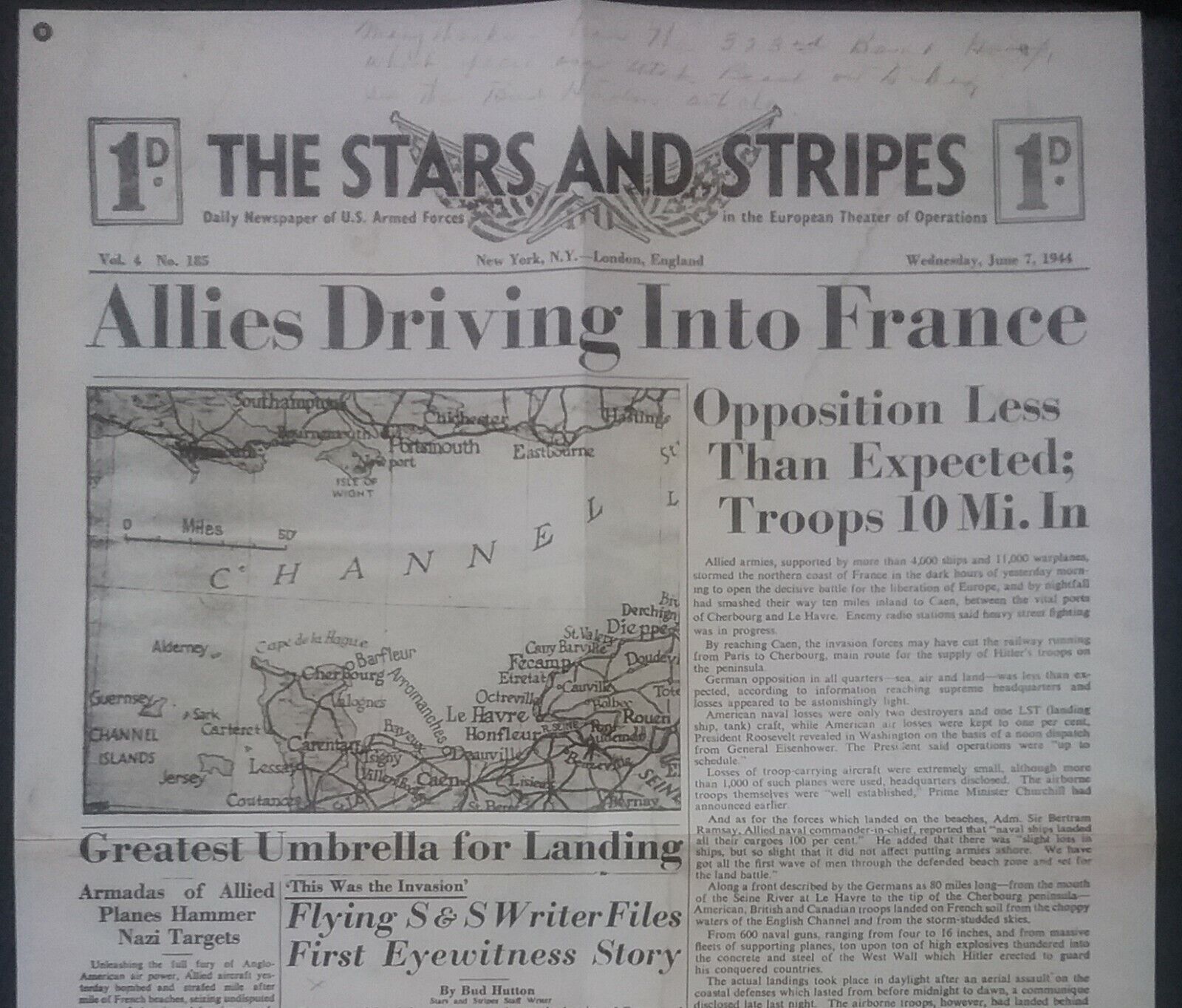 WW2 D-DAY  DAILY NEWSPAPER OF U.S. ARMED FORCES , WED JUNE 7TH 1944 *((1 page))*