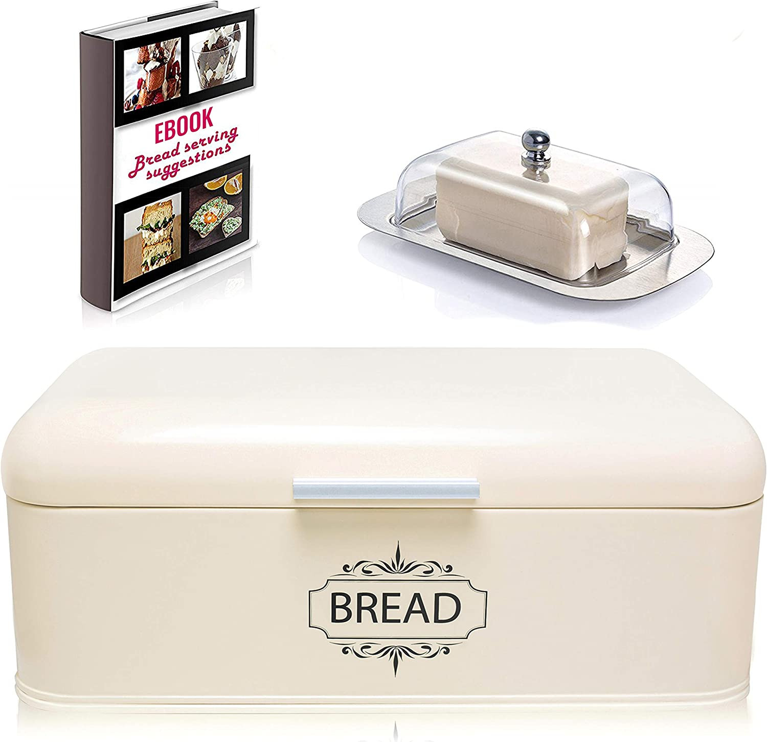 Vintage Look Bread Box for Kitchen Stainless Steel Metal in Retro Cream off Whit