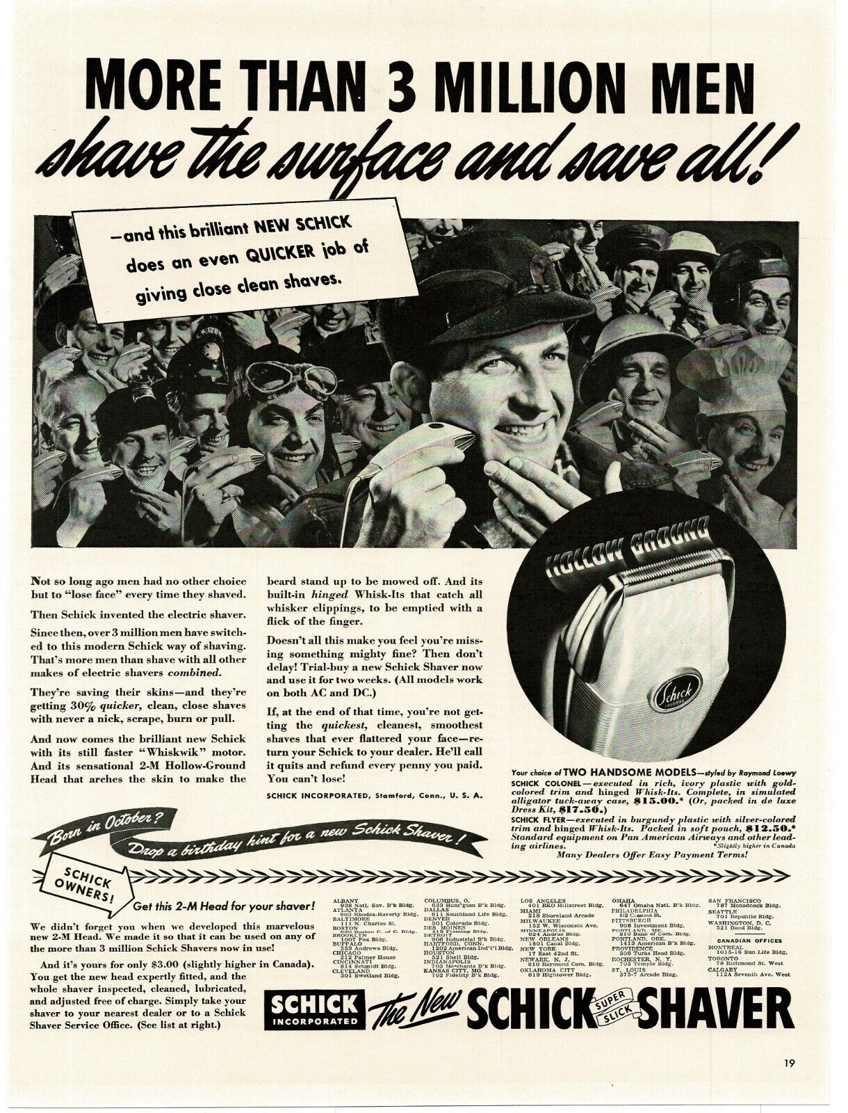 1941 Schick Colonel Super Slick Electric Razor Shaver  Vintage Print Ad