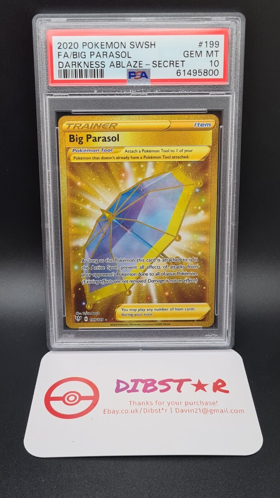 Pokemon Big parasol 199/189 Darkness Ablaze Hyper Rare Gold Full Art PSA 10