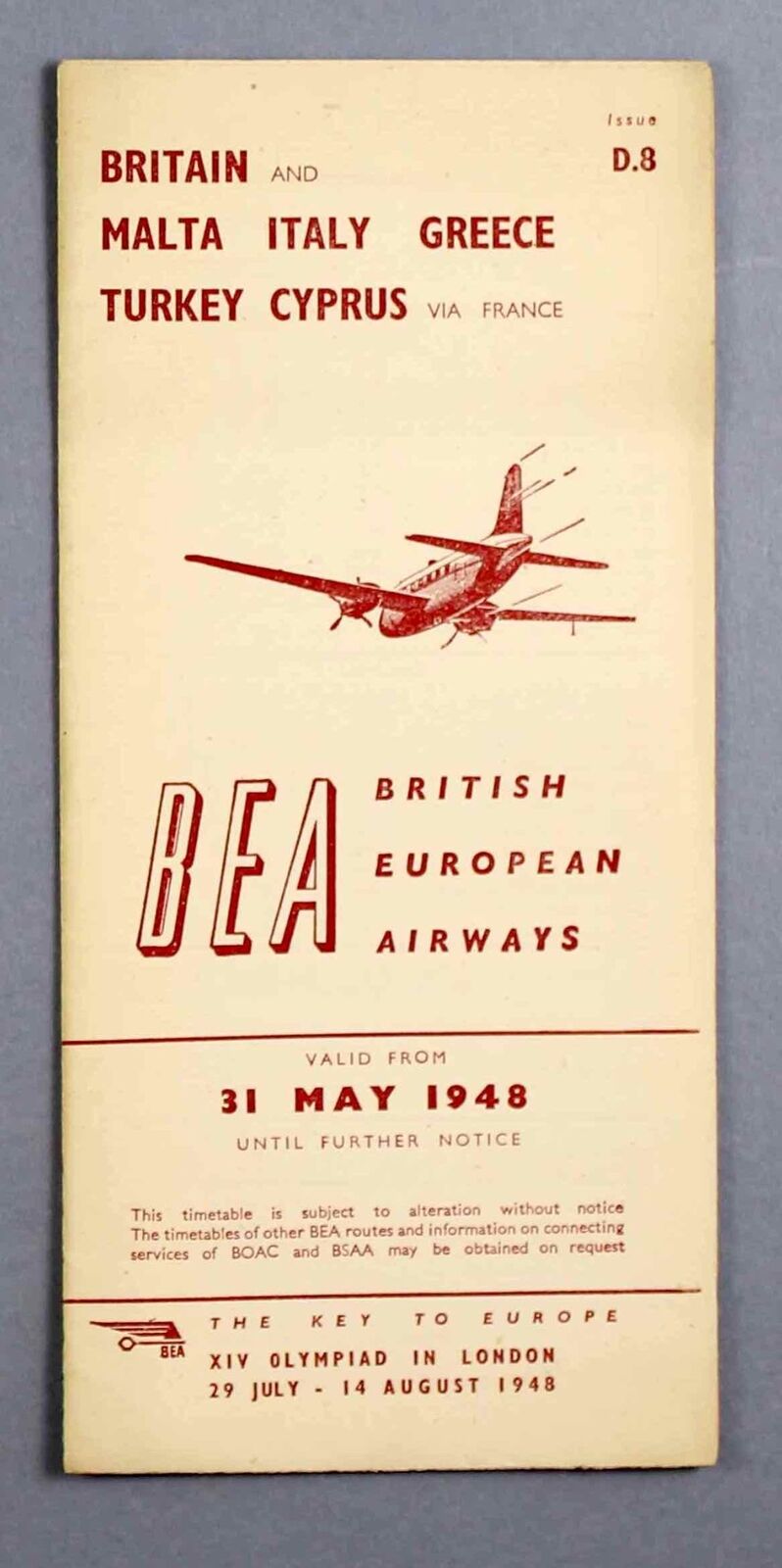 BEA BRITISH EUROPEAN AIRWAYS MALTA ITALY GREECE TURKEY CYPRUS TIMETABLE MAY 1948