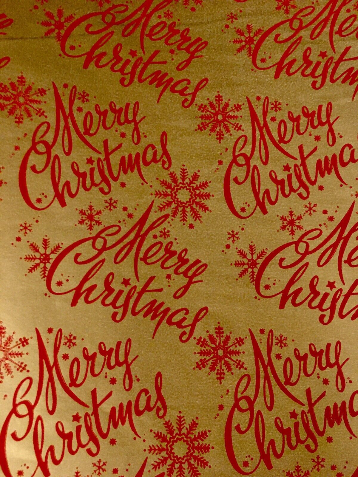 VTG MERRY CHRISTMAS WRAPPING PAPER GIFT WRAP NOS RED ON GOLD SNOWFLAKES NOS