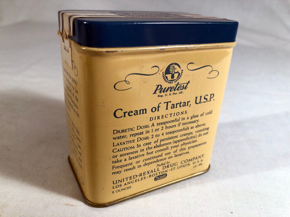 Vintage Puretest Cream of Tartar 8 oz Tin United-Rexall 1/2 Full ~ EUC