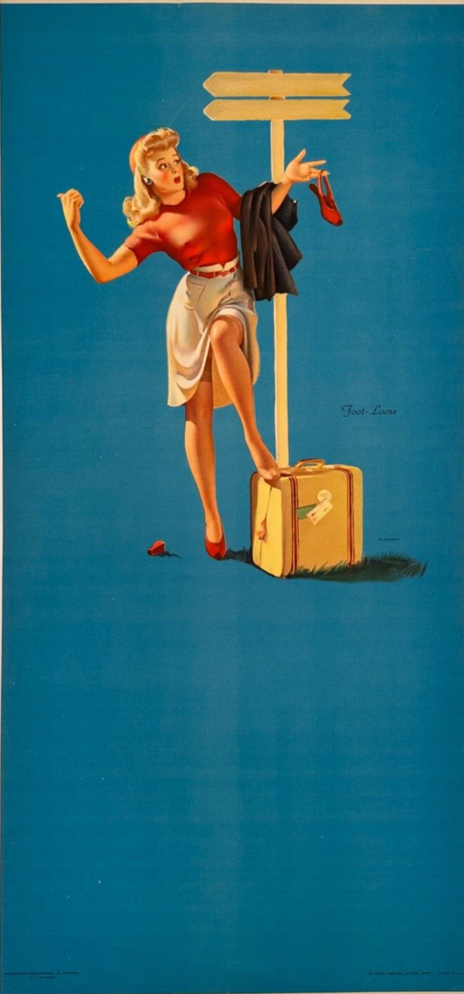 Footloose, Vintage 1944 Gil Elvgren Pin Up Print,  Retro Busty Blonde Hitchhiker