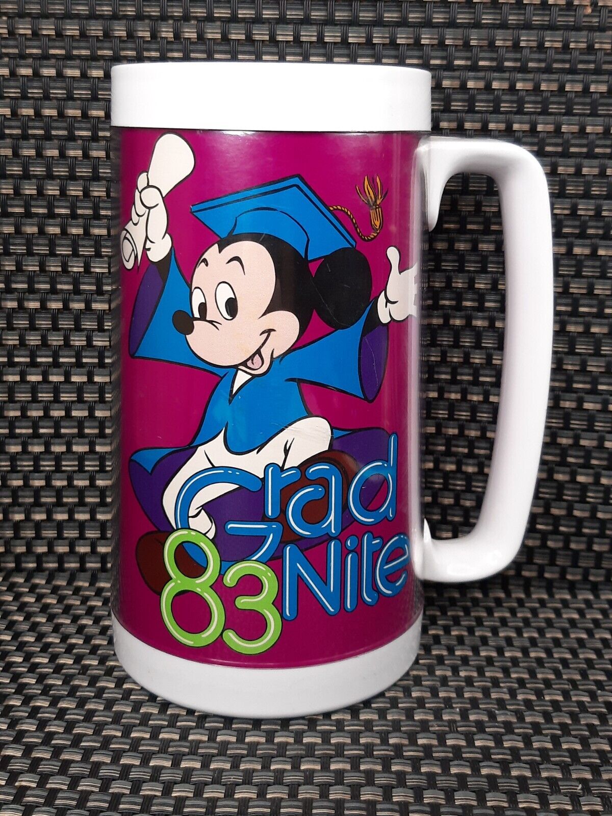 Vintage Disneyland 1983 Grad Night USA Made Thermo-Serv Mug Mickey Mouse & Goofy