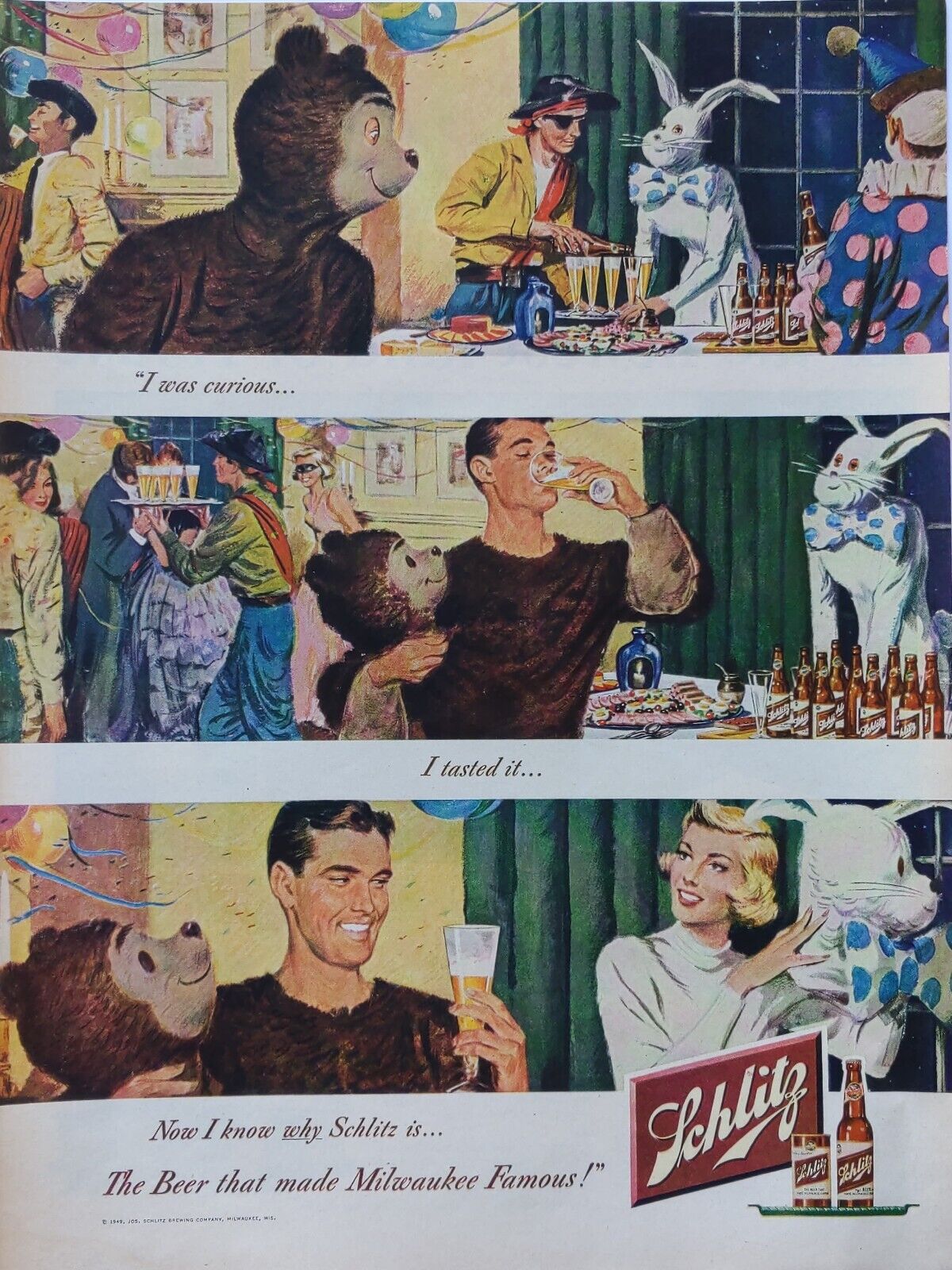 1949 vintage Schlitz beer ad. the beer that made Milwaukee famous. 