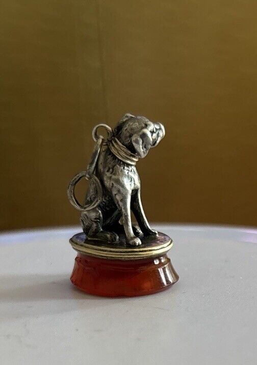 Antique Victorian French Sterling Silver 18k Gold Dog Carnelian Wax Seal Pendant
