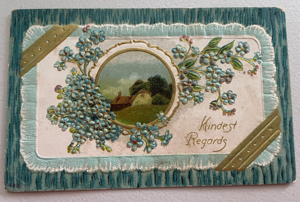 Kindest Regards Vintage Postcard Cottage Scene Forget Me Nots Flowers