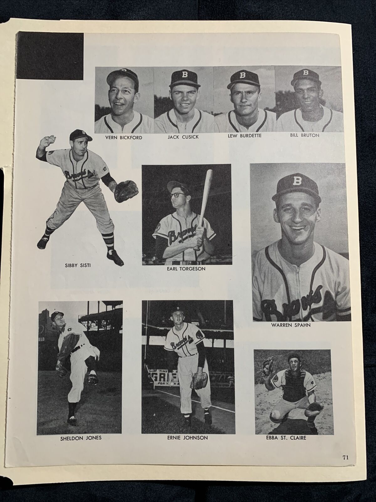 Boston Braves Warren Spahn Lew Burdette V Bickford 1952 Baseball 8X11 Pictorial