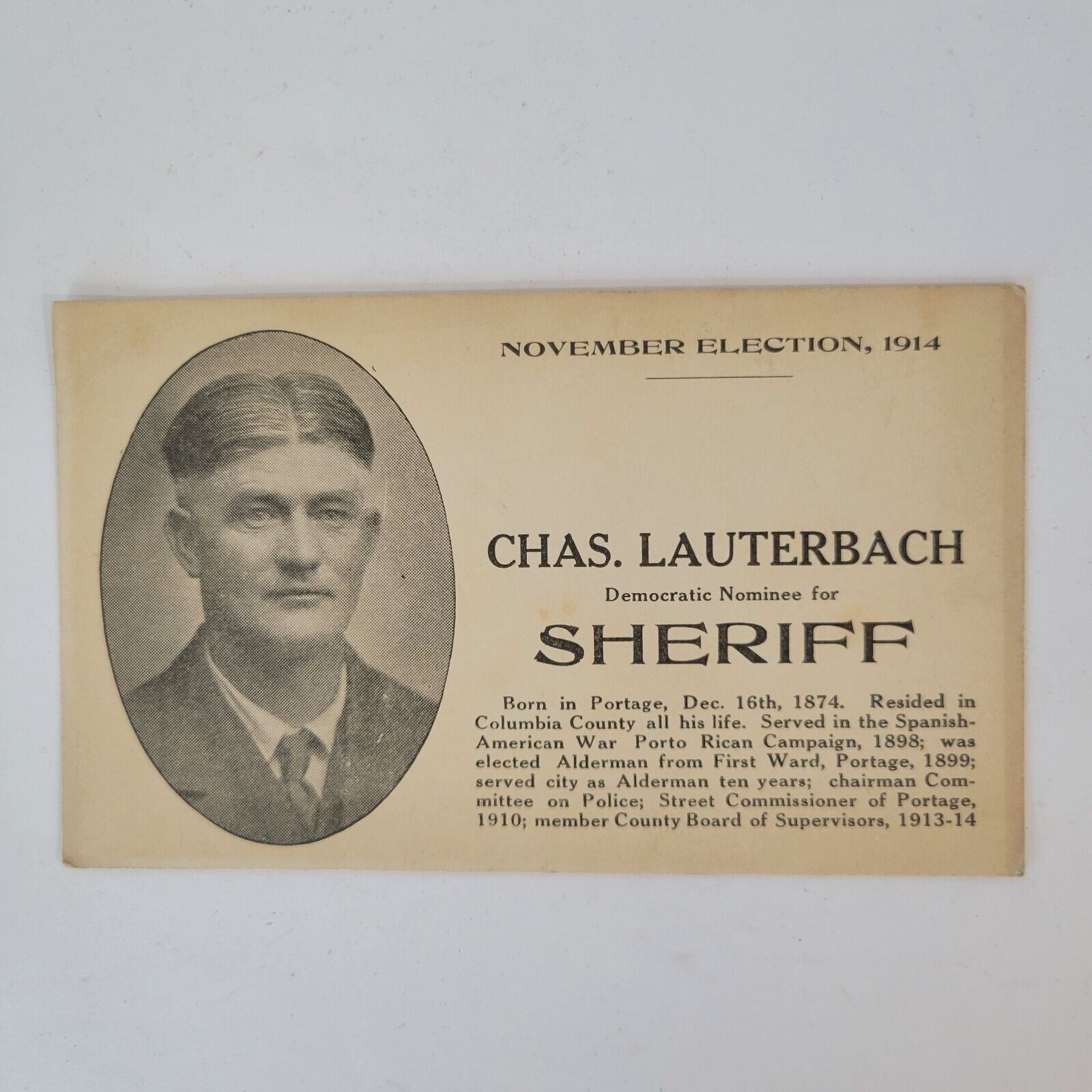 Vintage Portage Wisconsin 1914 Sheriff Election Postcard Lauterbach