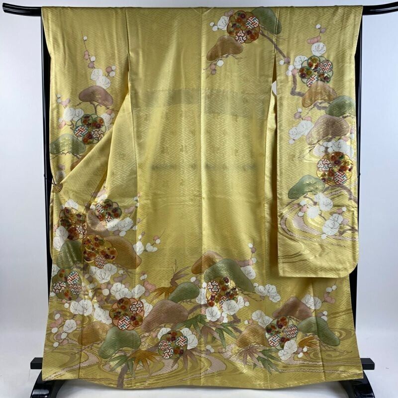 Woman Japanese Kimono Furisode Silk Pine Bamboo Plum Gold Thread Foil Yellow