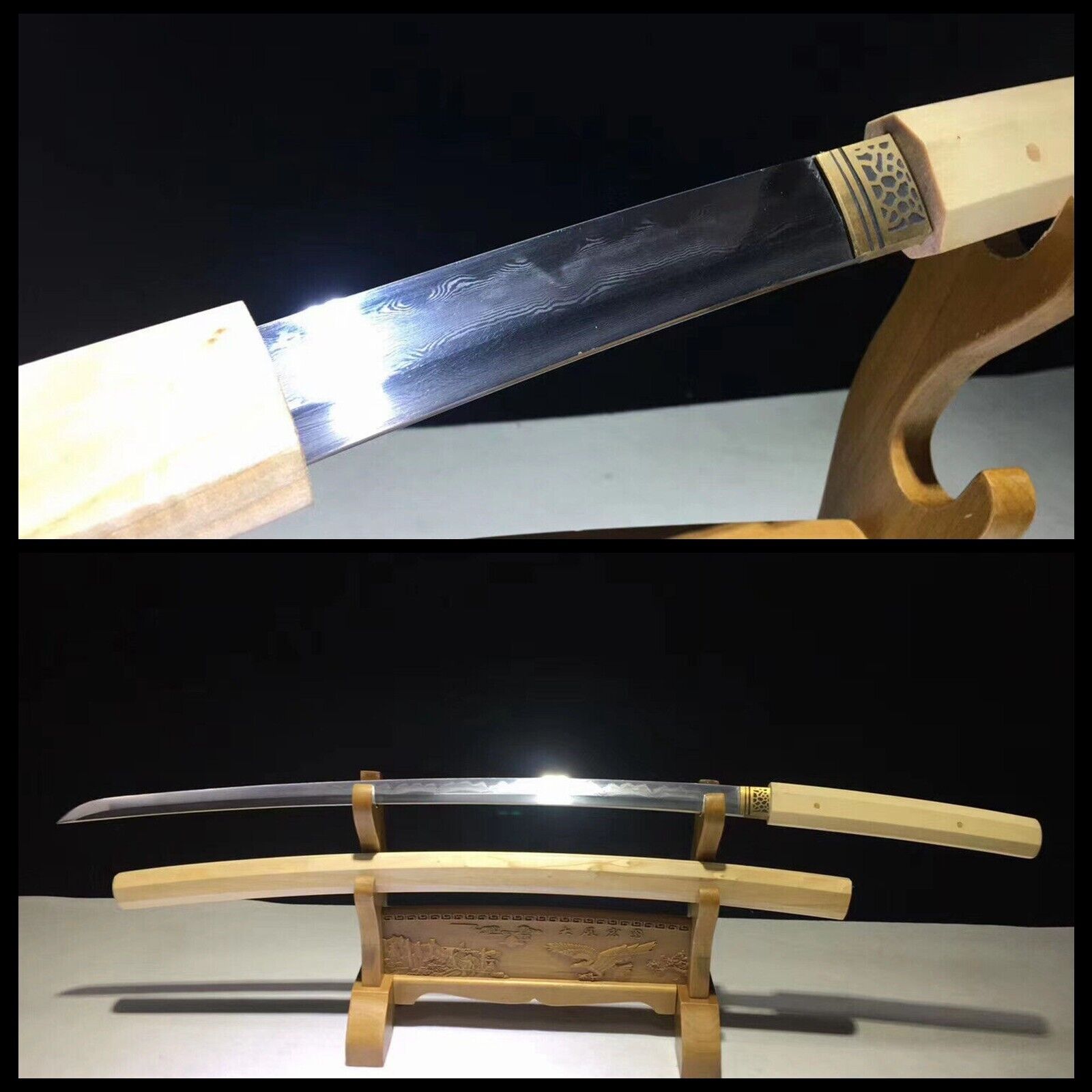 Full Tang Samurai Japanese Shirasaya Katana Sword Folded Damascus Steel Sharp