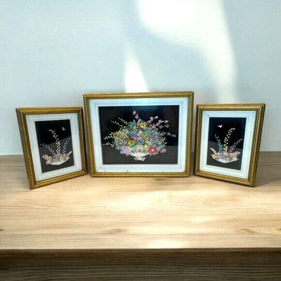 Vintage 3 Matching Framed Tropical Seashell Art Floral Design Handmade *read*