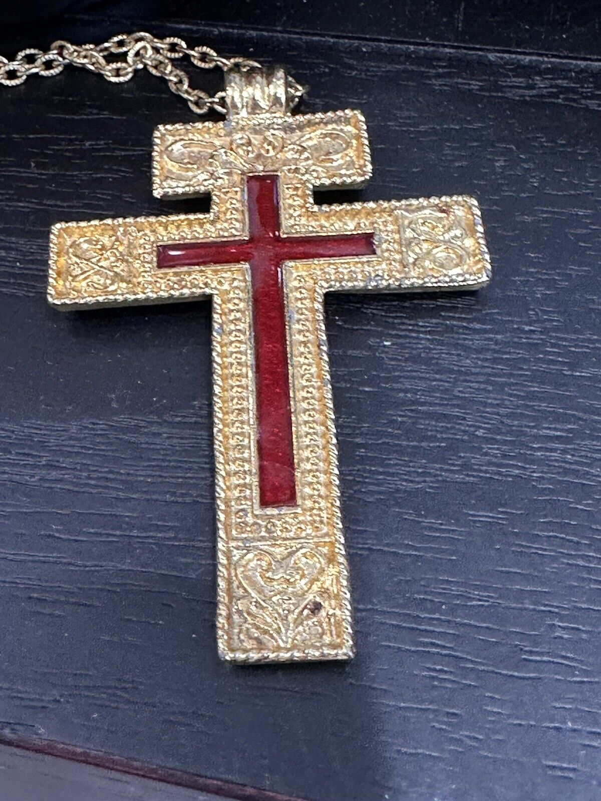 LARGE Pectoral Cross Necklace Bishops & Priests Gold Tone Red Pendant Necklace