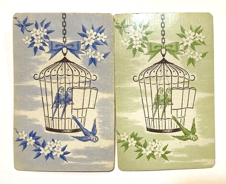 Two Single Swap Playing Cards Blue and Green Parakeets In A Cage Whitman Hostess