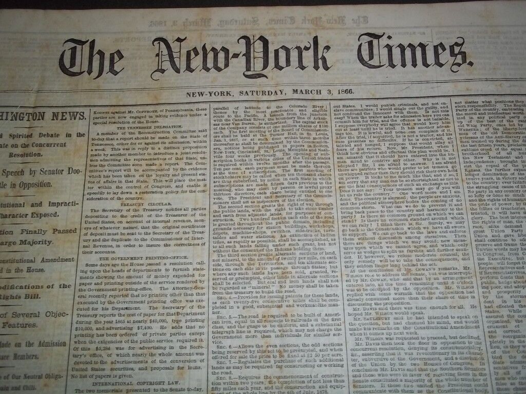 1866 MAR 3 NEW-YORK TIMES NEWSPAPER - POST-CIVIL WAR DEBATES - NP 1466